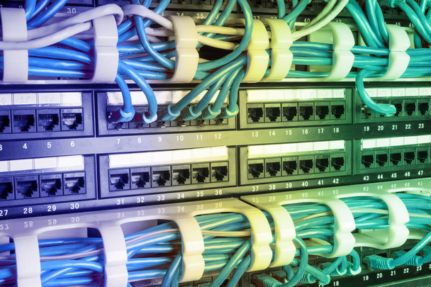 Серверная стойка с голубыми кабелями
 - Фото, изображение