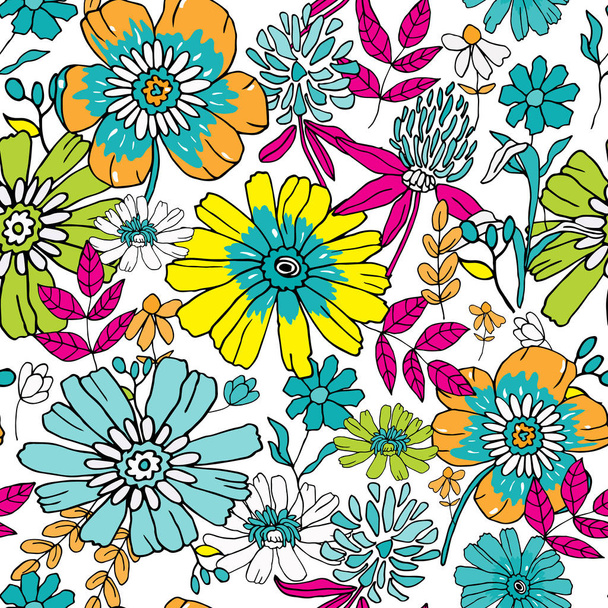 Seamless floral background. Hand drawn flowers and leafs on whit - Vettoriali, immagini