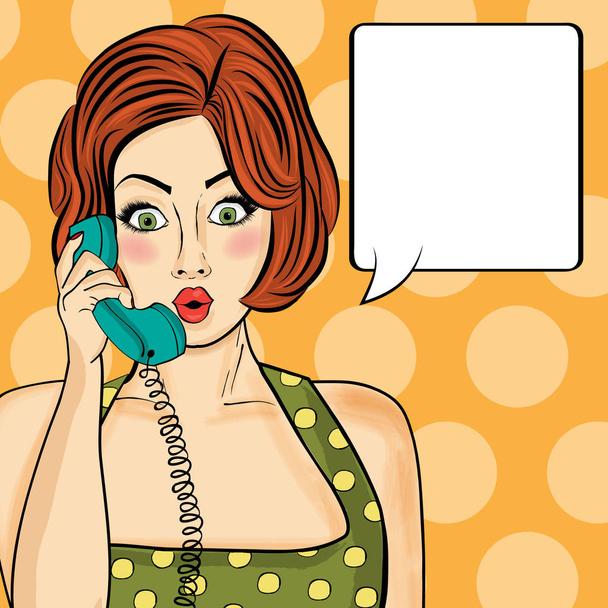 Surprised pop art  woman chatting on retro phone . Comic woman w - Vector, Image