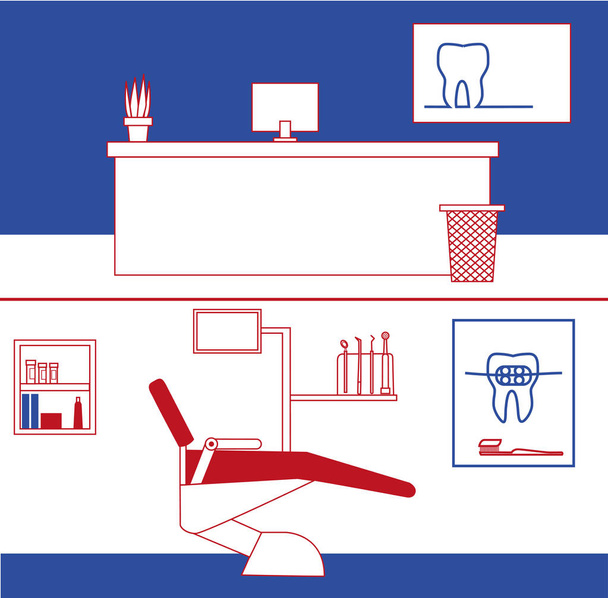 Σετ linevector οδοντίατρος γραφείο σχεδιασμού εσωτερικών με οδοντιατρική καρέκλα, οδοντίατρος, ασθενών και Οδοντιατρικά εργαλεία. Ασθενής αίθουσα αναμονής στην οδοντιατρική κλινική. - Διάνυσμα, εικόνα