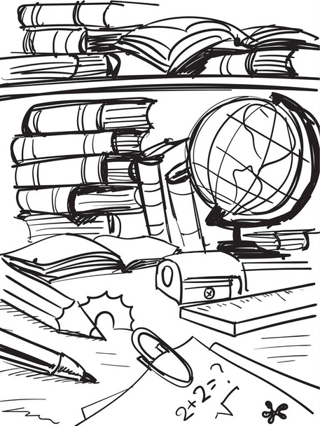 background, science books, paper clip, pencil, sharpener, notebo - Vektor, obrázek