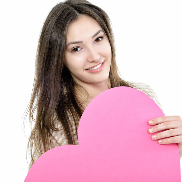 woman with pink heart - Zdjęcie, obraz