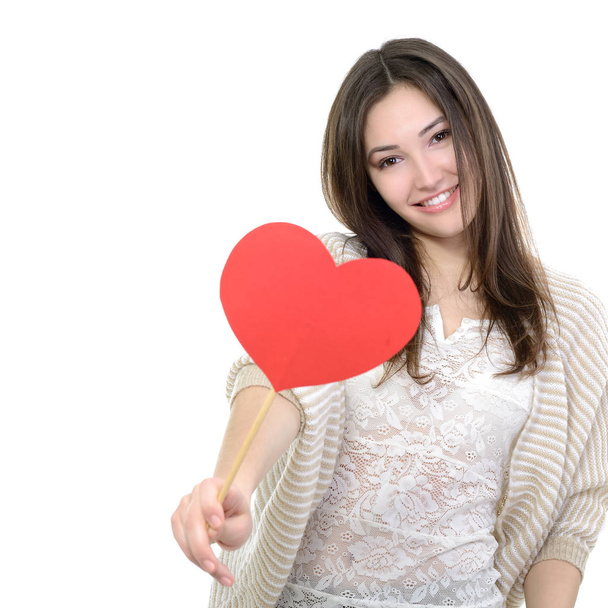 young woman with red heart - 写真・画像