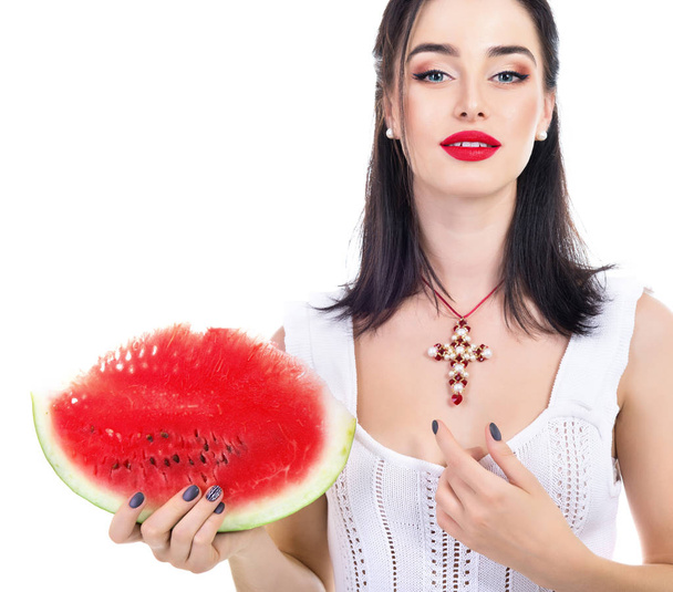 woman holding watermelon - 写真・画像