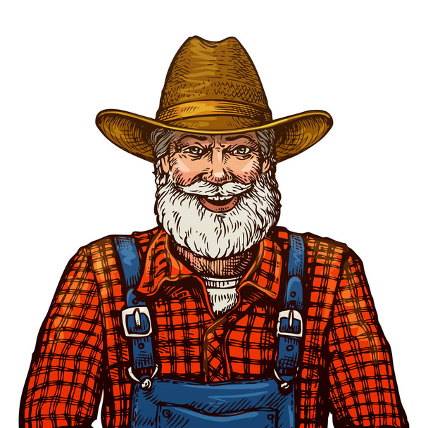 Happy smiling bearded farmer in hat - ベクター画像