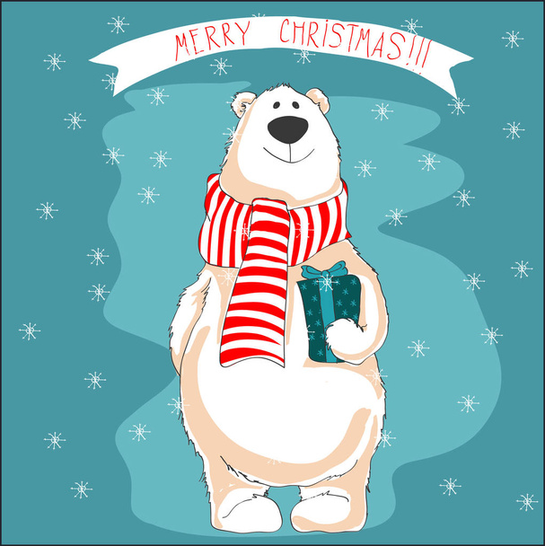 Lední medvěd v červeným šátkem. držení vánoční dárek. - Vektor, obrázek