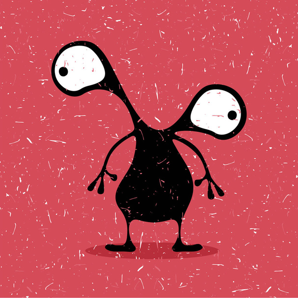 Cute black monster with emotions on grunge pink background, cartoon illustration. - Wektor, obraz