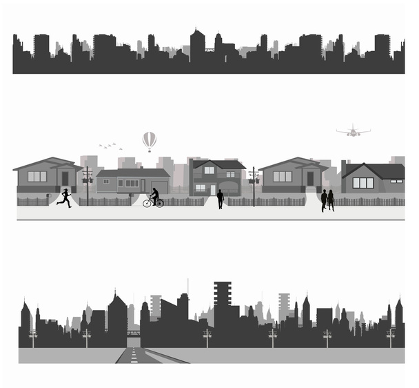 příměstských domovů a panorama města - Vektor, obrázek