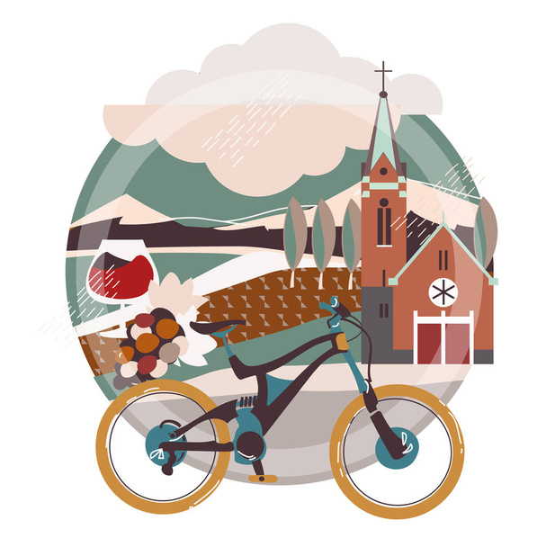 Illustration plate du vélo de descente en ville européenne
 . - Vecteur, image