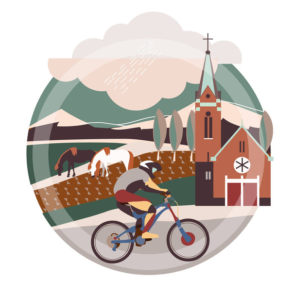 Flat illustration of downhill bicycle in europe town . - Vector, Image