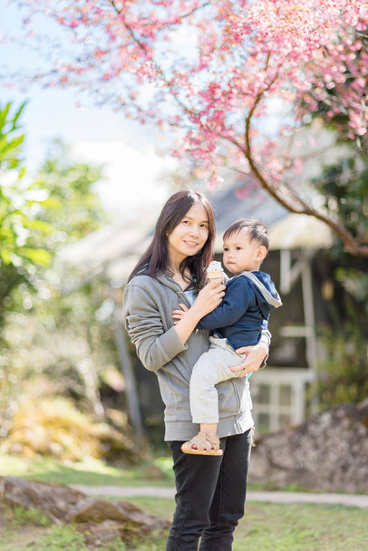 Asian mother holding baby in the blooming  cherry blossom garden - Φωτογραφία, εικόνα
