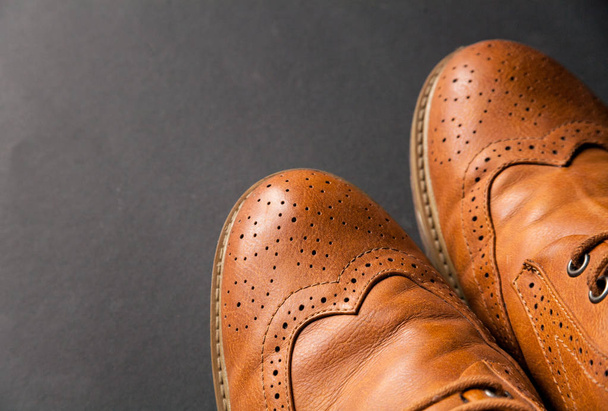 brown oxford classic leather waxed fine stylish elegant male shoes closeup - Φωτογραφία, εικόνα