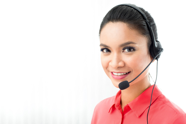 Nő visel mikrofon fülhallgató, az üzemeltető vagy a call center s - Fotó, kép