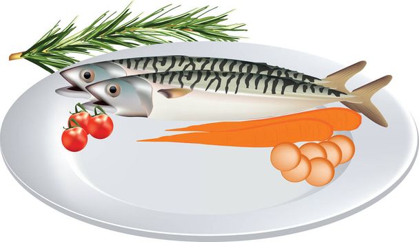 тарілка з овочами макрель риба
 - Вектор, зображення