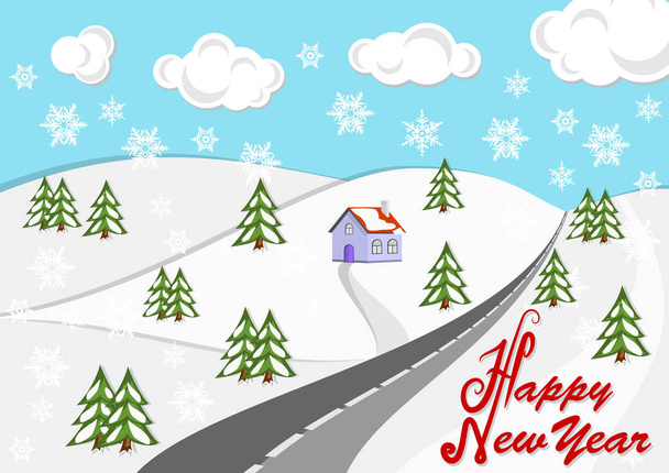 Boldog új évet üdvözlő kártya téli táj háttér. Road, snowdrifts, hegyek és a felhők az égen. Lapos kivitel természet illusztráció. - Vektor, kép