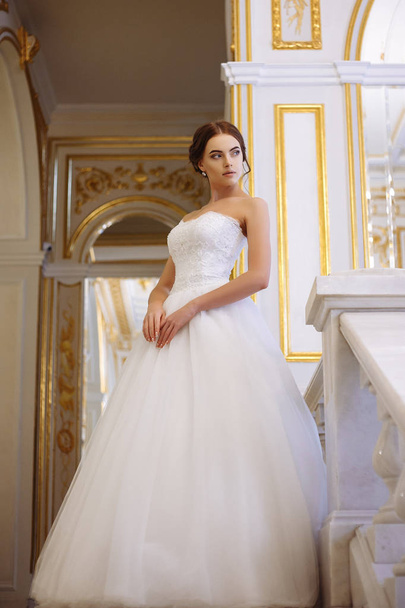 beautiful young woman bride in luxury wedding dress in interior - 写真・画像