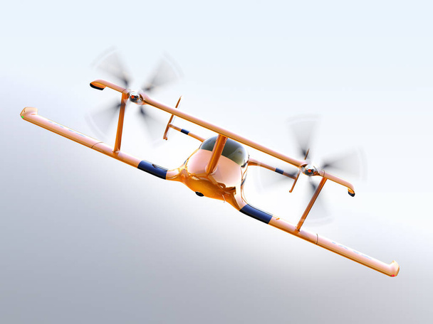 Πρόσοψη από κίτρινο αυτόνομη ιπτάμενα ταξί drone πετώντας στον ουρανό - Φωτογραφία, εικόνα