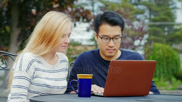 Equipo multiétnico trabajando juntos. Hombre asiático y mujer caucásica trabajando con un ordenador portátil. En la terraza de verano o cafetería
 - Imágenes, Vídeo
