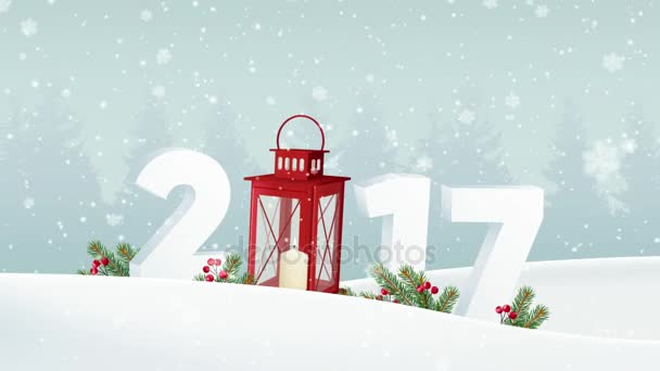 Happy new year 2017. White winter landscape with forest, numbers, falling snow. Christmas decoration with fir branches, red lantern and berries. HD animation. - Footage, Video