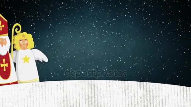 Marcher Saint Nicolas, diable et ange volant. Tradition européenne de Noël. Mignon dessin à la main aquarelle animation artistique. Images d'hiver avec chute de neige
. - Séquence, vidéo