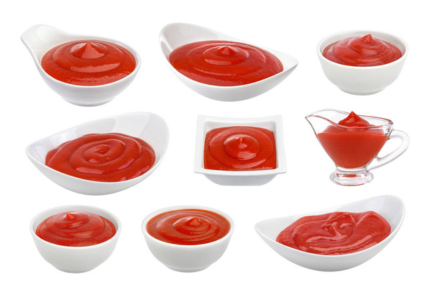 Tomato ketchup in bowl isolated on white - Photo, Image