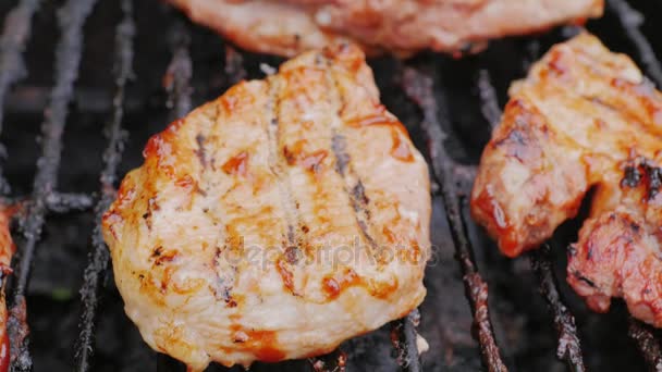 Duży, soczysty kawałek mięsa smażone na grill. Pokryte sosem - Materiał filmowy, wideo
