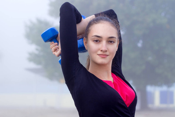 Young fitness girl exercising with dumbells during training work - Photo, Image