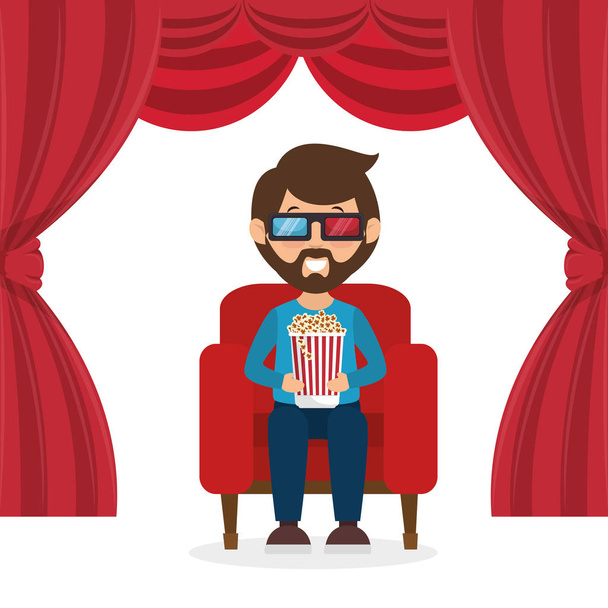 character man sitting watch 3d movie with pop corn - Vector, Image