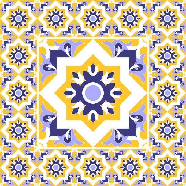 Tiles floor - vintage pattern vector with ceramic cement tiles. Big tile in center is framed in small. Background with portuguese azulejo, mexican, moroccan, spanish, arabic motifs. - Διάνυσμα, εικόνα