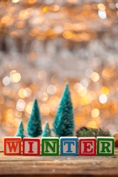 Winter Written With Toy Blocks On Christmas Card Vertical - Foto, immagini