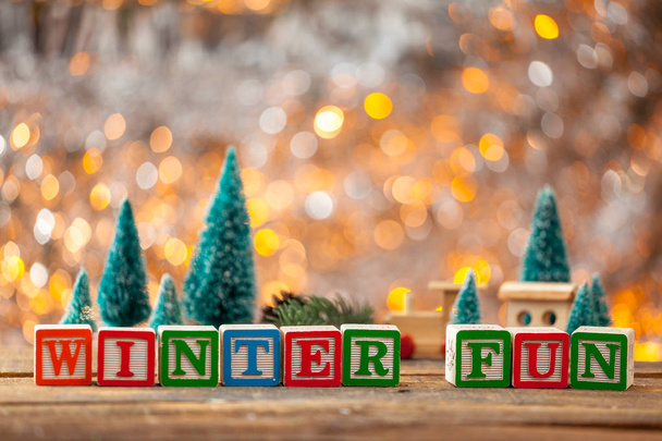 Winter Fun Written With Toy Blocks On Christmas Card - Foto, immagini