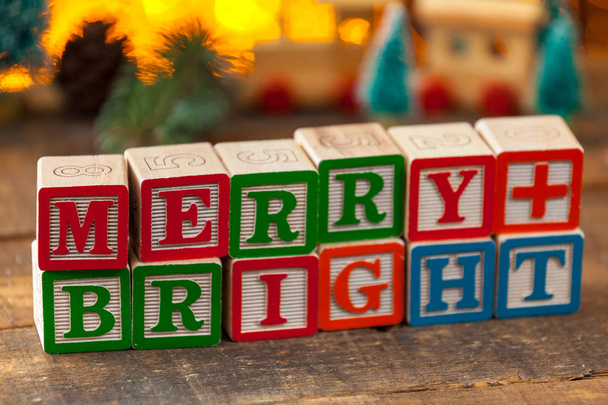 Merry And Bright Written With Toy Blocks On Christmas Card - Foto, immagini