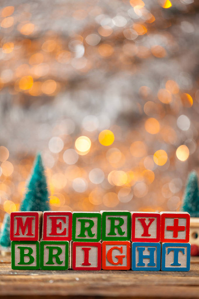 Merry & Bright Written With Toy Blocks On Christmas Card Vertical - Foto, Imagem
