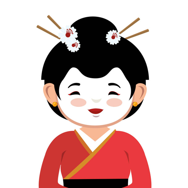 chica encantadora rojo kimono japonés icono gráfico
 - Vector, Imagen