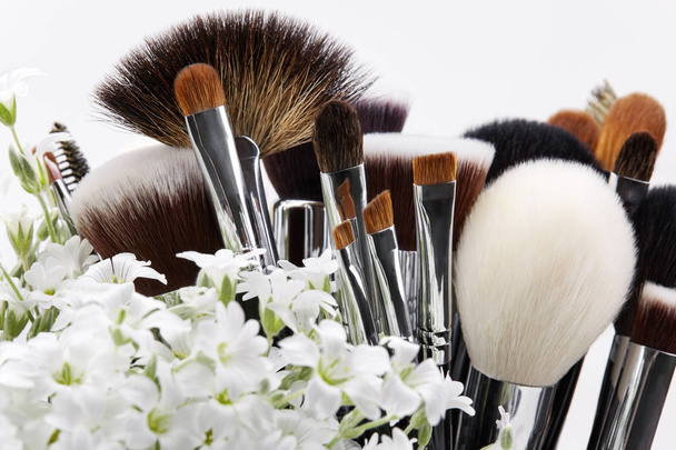 Makeup brushes set with flowers. Chickweed. White background - Photo, Image