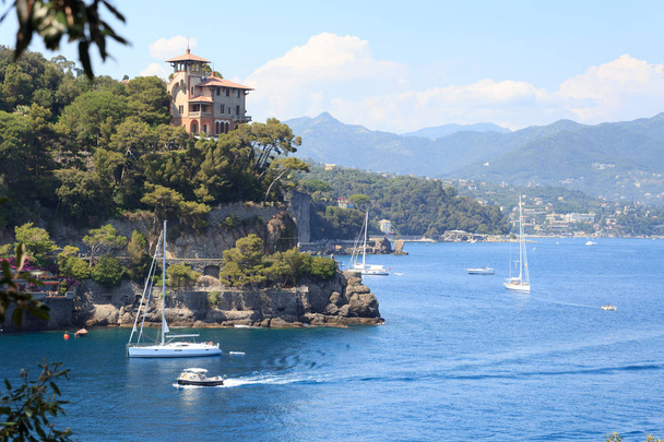 Liguria coast and Mediterranean Sea with boats near Portofino, Italy - Fotó, kép
