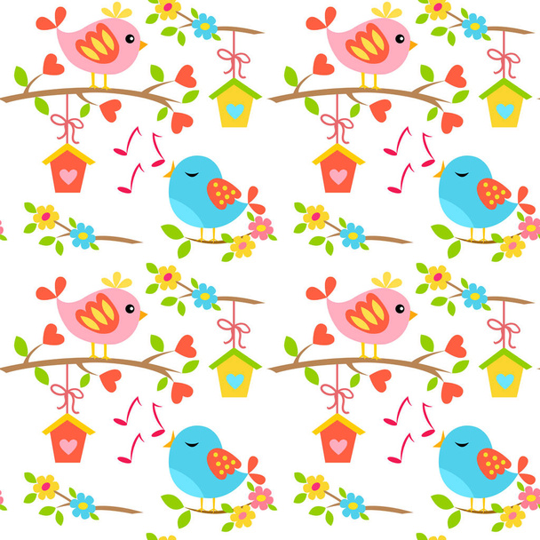 Seamless romantic pattern with love birds on a branch with flowers - Vektör, Görsel