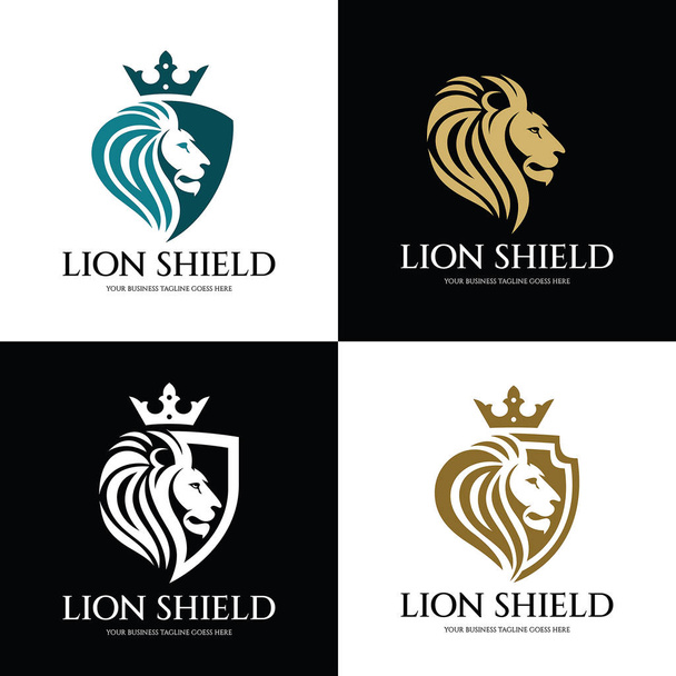 Λιοντάρι ασπίδα πρότυπο σχέδιο λογότυπο, λογότυπο, στοιχείο για την ταυτότητα της μάρκας, εικονογράφηση διάνυσμα με κεφαλή λιονταριού - Διάνυσμα, εικόνα