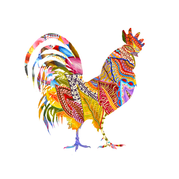 Colorful poster of a rooster isolated on white background. Good for prints, covers, posters, cards, gift design. Hand drawn illustration. Decorative ornament - Photo, Image