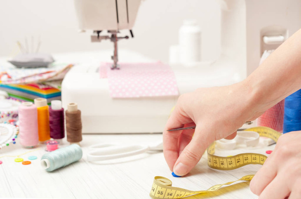sewing, sewing on the sewing machine, sewing supplies, colored s - Φωτογραφία, εικόνα