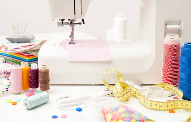 sewing, sewing on the sewing machine, sewing supplies, colored s - Φωτογραφία, εικόνα