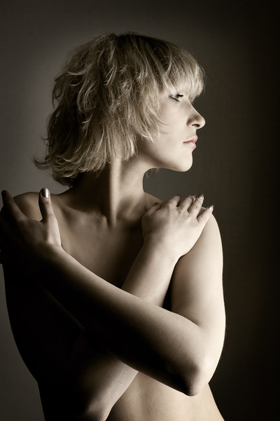 Beautiful sexy woman on dark background - Fotoğraf, Görsel