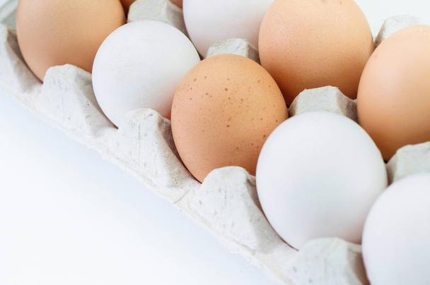 Close up eggs in panel on white background. - Photo, Image