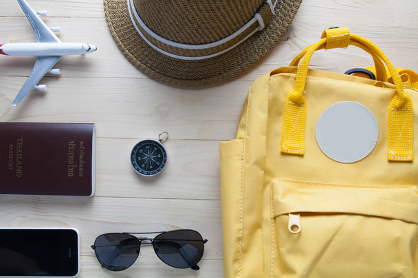Beach outdoor accessories for holidays travel. Flat lay - Foto, Bild