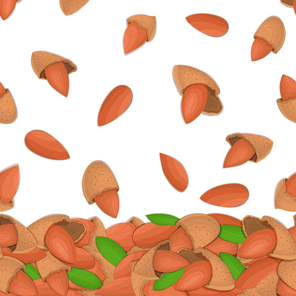 Vektorillustration fallender Mandelnüsse. Hintergrund eine Nuss. Musterfrucht in der Schale, ganz, geschält, Blätter appetitlich auf der Suche nach Verpackungsdesign gesunde Lebensmittel - Vektor, Bild
