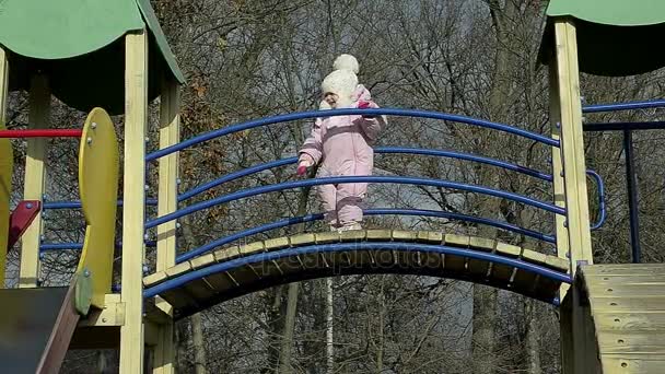 Dolly meisje alleen spelen in de speeltuin in het Park - Video