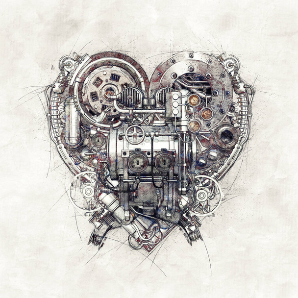 Bir teknik-mekanik kalp, 3d illüstrasyon kroki - Fotoğraf, Görsel