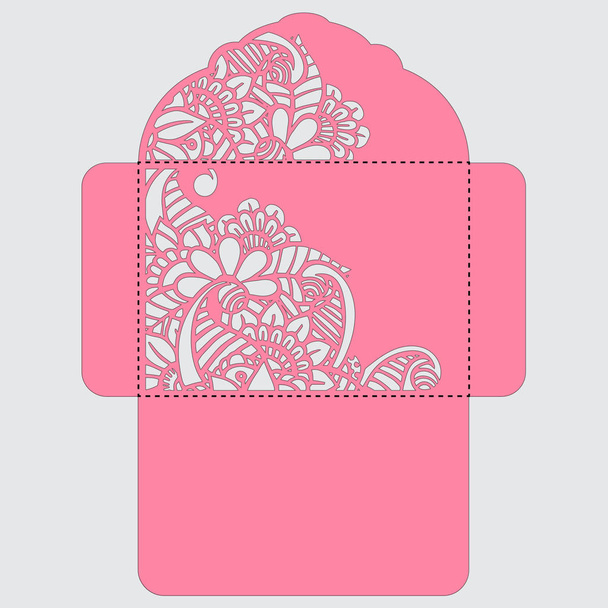 Lasercut vector wedding invitation template. Wedding invitation envelope with flowers for laser cutting. Lace gate folds.Laser cut vector - Wektor, obraz