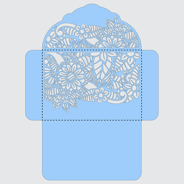 Lasercut vector wedding invitation template. Wedding invitation envelope with flowers for laser cutting. Lace gate folds.Laser cut vector - Vecteur, image