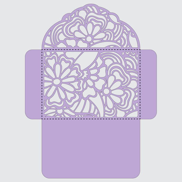 Lasercut vector wedding invitation template. Wedding invitation envelope with flowers for laser cutting. Lace gate folds.Laser cut vector - Вектор, зображення